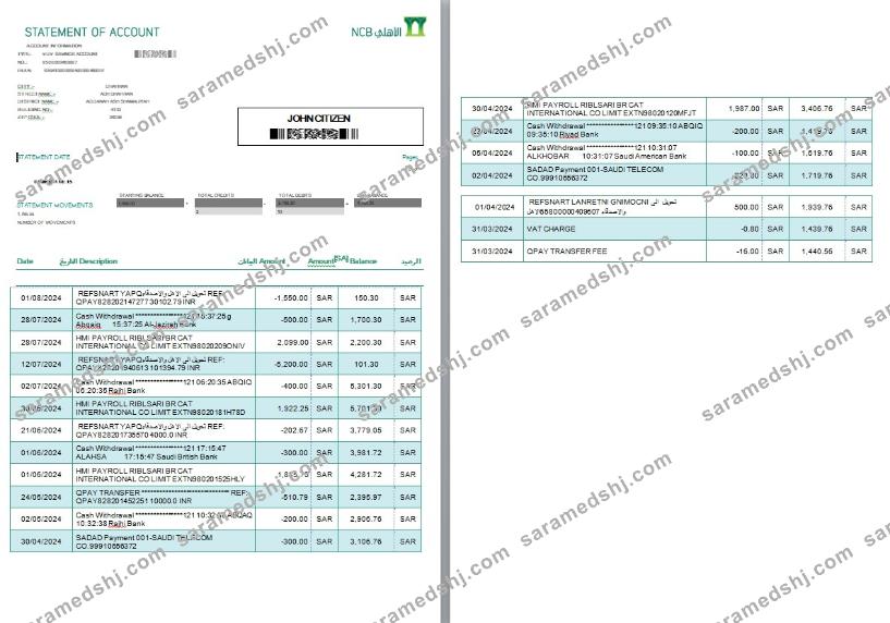 Saudi Arabia NCB Bank account statement, Word and PDF template, 2 pages